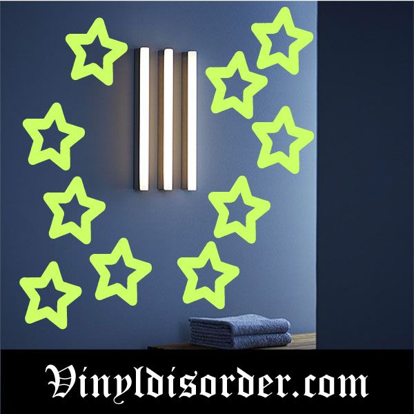 Glow-in-the-dark star decal with multiple neon green stars around a vertical bar design