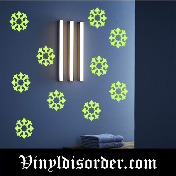 Glow-in-the-dark snowflake wall decals, green scattered pattern