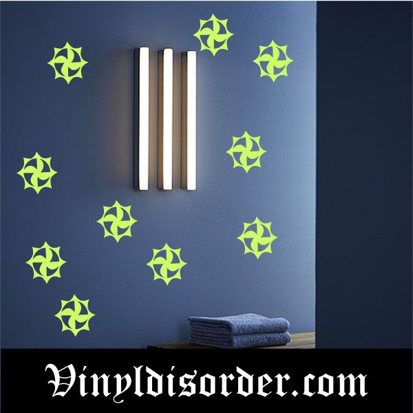 Glow-in-the-dark star swirl decals, green, set of multiple star shapes