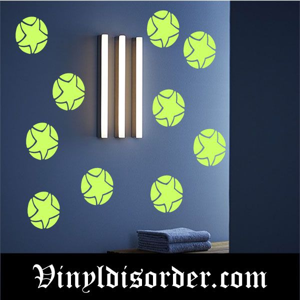Glow-in-the-dark star cut circle wall decals in lime green