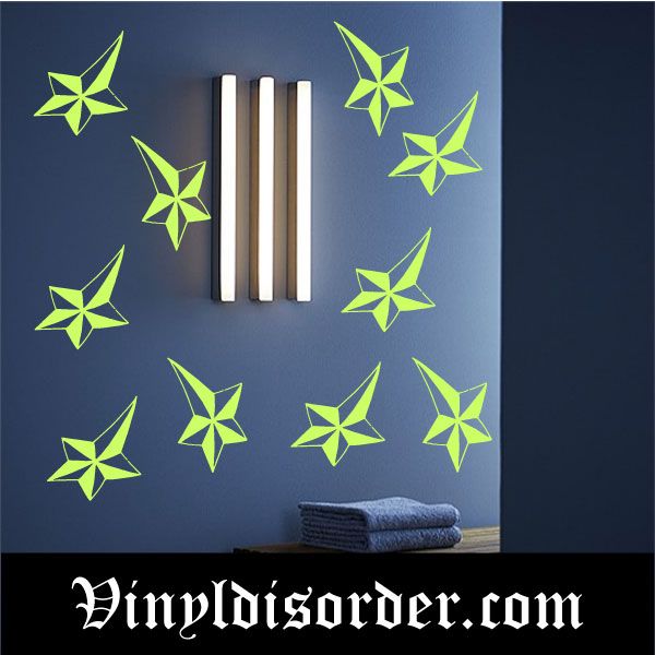 Glow-in-the-dark star wall decals, green die-cut vinyl stars on a wall