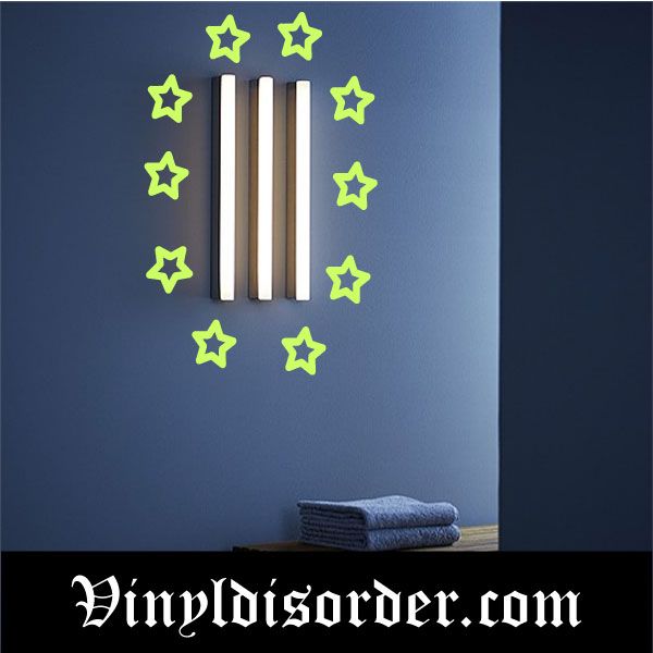 Glow-in-the-dark vinyl star wall decals, green outline stars with three vertical bars
