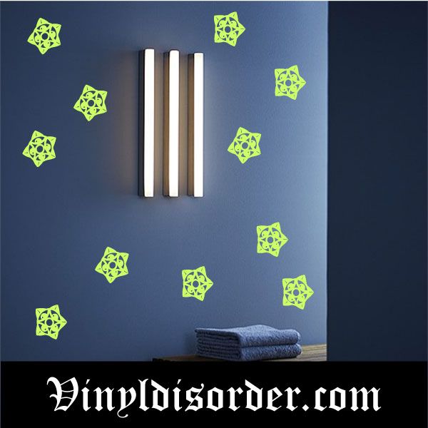 Glow-in-dark star wall decals, neon green vinyl stars around wall light