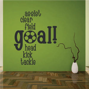 Goal soccer word collage decal with bold black text, soccer ball icon, and goal phrase