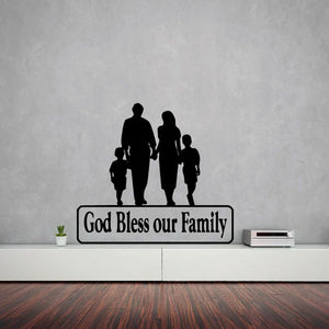Family silhouette wall decal: 'God Bless our Family'