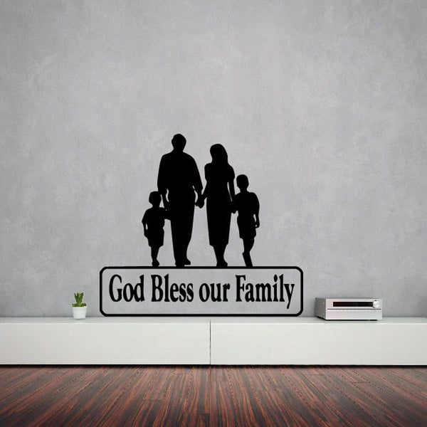 Family silhouette wall decal: 'God Bless our Family'