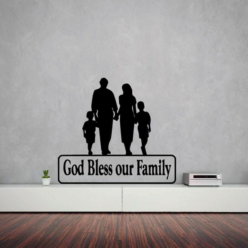 Family silhouette wall decal: 'God Bless our Family'