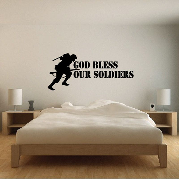 Wall decal with black soldier silhouette and text God Bless Our Soldiers