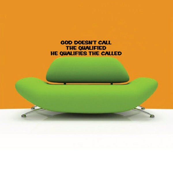 Inspirational quote decal with black uppercase text on green upholstered chair