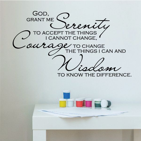 Serenity prayer wall decal with black cursive and bold quote text