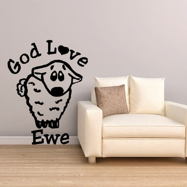 God love ewe wall decal with sheep head and curved lettering, black on light background