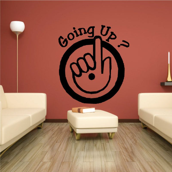 Going up wall decal: black circle, pointing hand, 'Going up!' text
