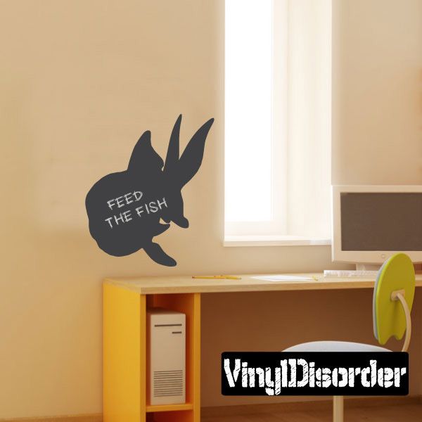 Fish-shaped chalkboard decal, black with 'FEED THE FISH' text