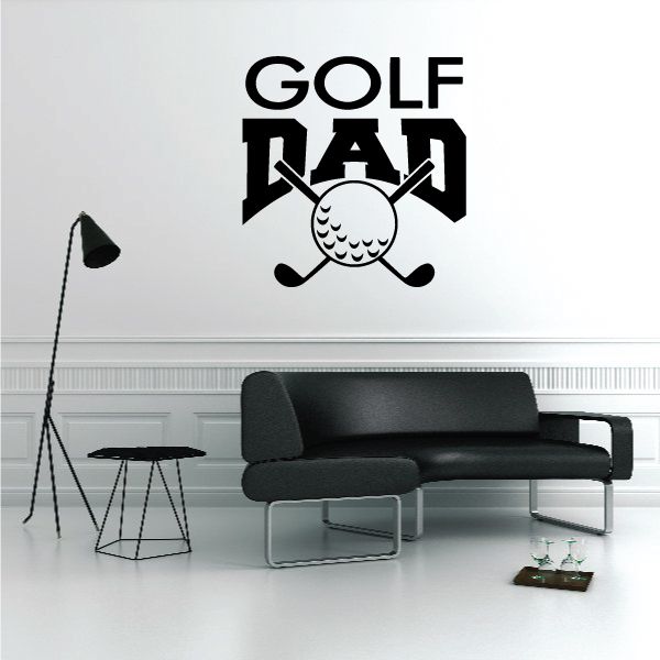 Golf dad wall decal with GOLF title and black golfer graphic and clubs