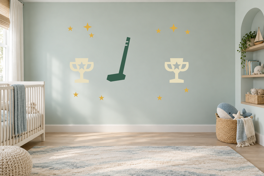 Golf wall decal kit with golf club, trophies, and gold star stickers