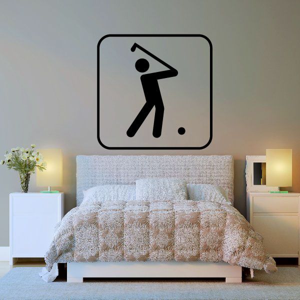 Golf course sign decal with black golfer silhouette on white square