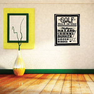 Golf word collage wall decal with bold 'GOLF' hole-in-one text and icons