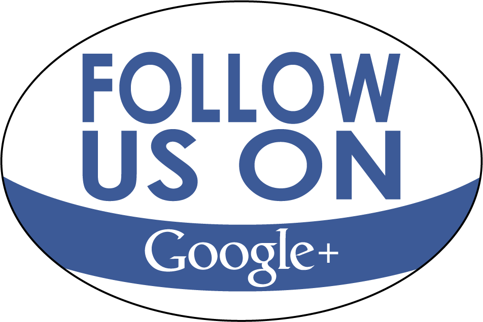 Blue Google+ sticker with curved FOLLOW US ON and Google+ text