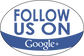 Blue Google+ sticker with curved FOLLOW US ON and Google+ text