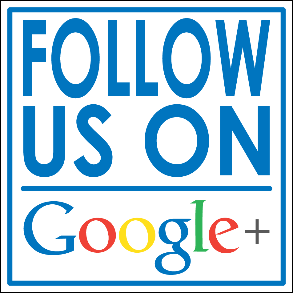 Google+ follow-us sticker with blue 'FOLLOW US ON' and multicolor 'Google+' text