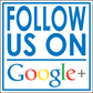 Google+ follow-us sticker with blue 'FOLLOW US ON' and multicolor 'Google+' text