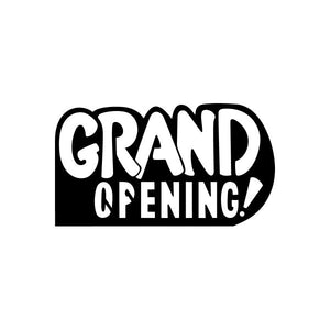 Grand opening vinyl decal sticker with bold black and white lettering