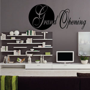 Black wall decal: circular emblem with 'Grand Opening' script lettering