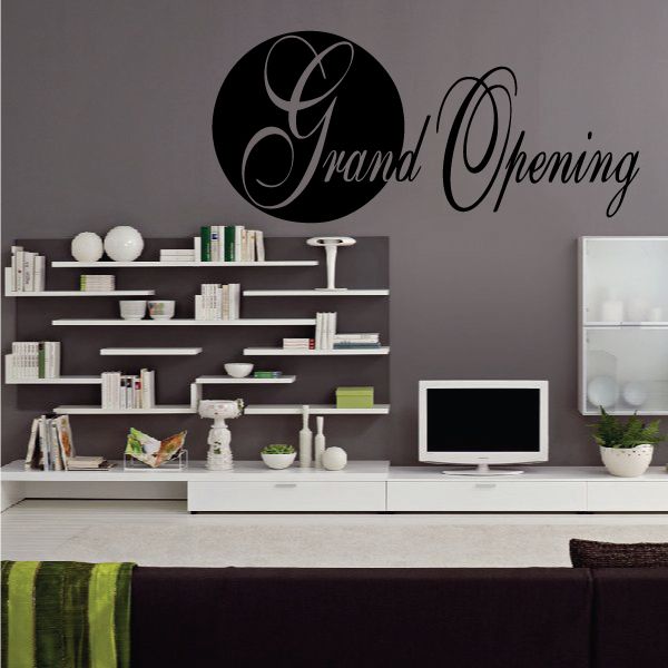 Black wall decal: circular emblem with 'Grand Opening' script lettering