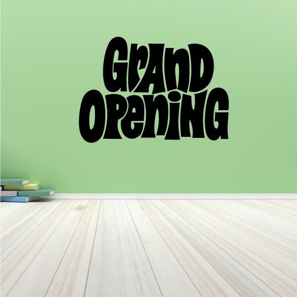 Grand opening vinyl wall decal with black stylized Grand Opening lettering