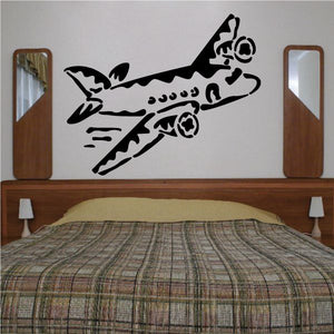 Black graphic airplane wall decal with detailed wings and cockpit