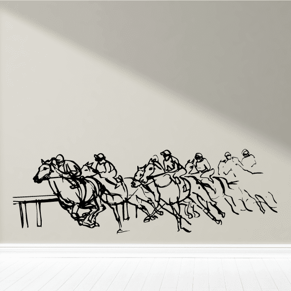 Horse racing decal with jockeys and galloping horses in black line art