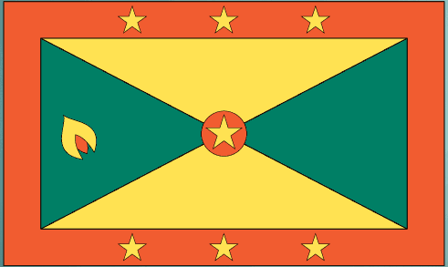 Grenada flag sticker with green field, yellow cross, red stars, and center coat emblem