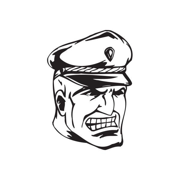 Officer face decal, grinning cartoon style with cap and beard, black and white