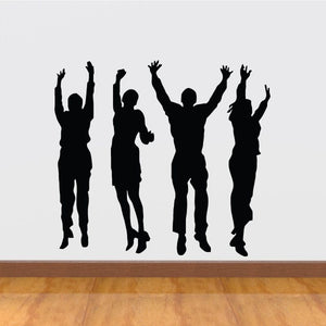 Group of people jumping decal, black silhouette figures with raised arms