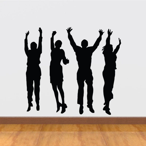 Group of people jumping decal, black silhouette figures with raised arms