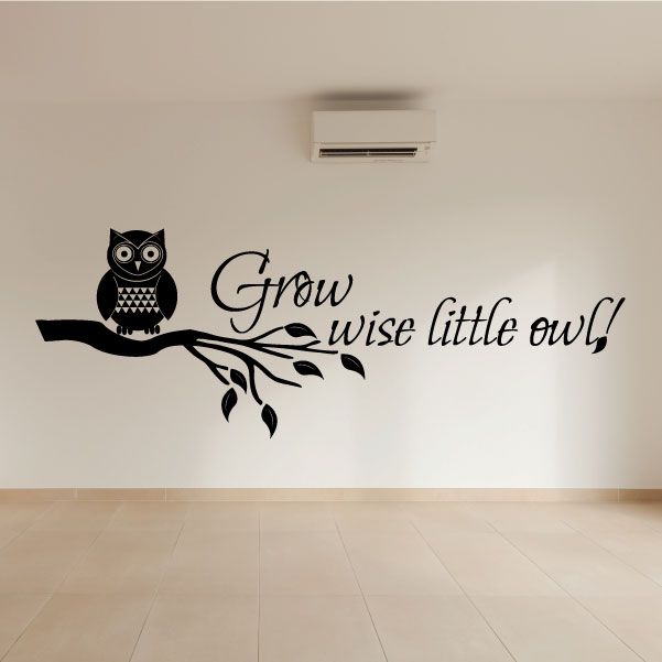 Owl wall decal with branch and text "Grow wise little owl"
