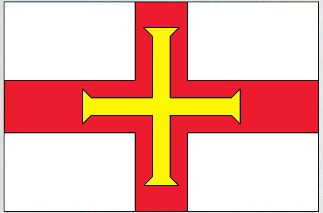 Rectangular sticker featuring the Guernsey flag: red cross with yellow outline on white and red.
