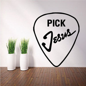 Guitar pick decal in black with 'PICK' and 'Jesus' text