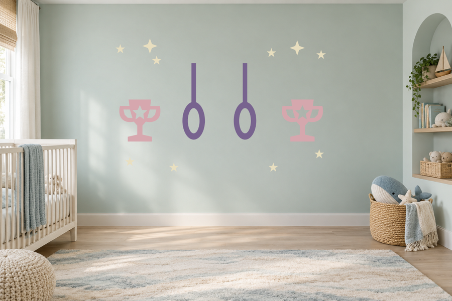 Gymnastics wall decal kit with purple rings, pink trophy icons, and gold stars