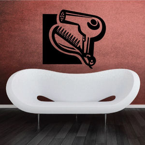 Hair dryer and comb wall decal, black and reddish graphic on a light background