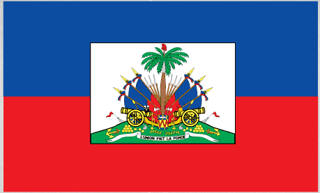 Haiti flag sticker with centered coat of arms on white panel, blue and red border