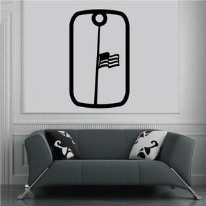 Dog tag decal with half-mast flag icon, black outline on light background
