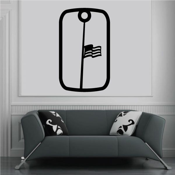 Dog tag decal with half-mast flag icon, black outline on light background