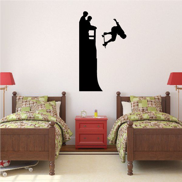 Half pipe skateboarder wall decal, black silhouette jumping on half-pipe.