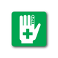 Green first aid hand sticker with white cross and medical glove icon
