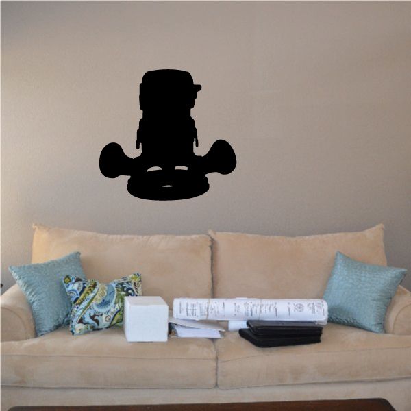 Black handheld router wall decal silhouette with rounded base and side handles