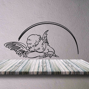Baby angel uplifting hands decal with halo and wings, black outline on light background