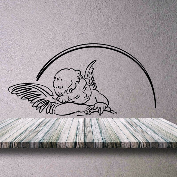 Baby angel uplifting hands decal with halo and wings, black outline on light background