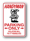 Handyman parking only sign sticker, red border, HANDYMAN and PARKING ONLY with arrows