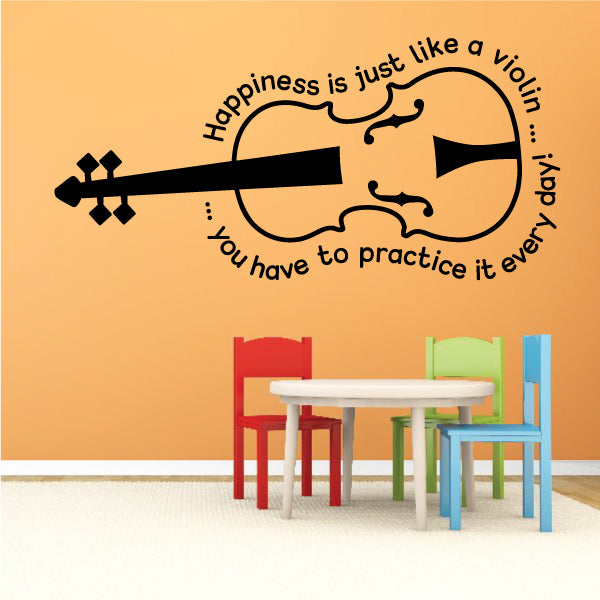 Violin practice quote wall decal with black violin outline and speech-bubble text